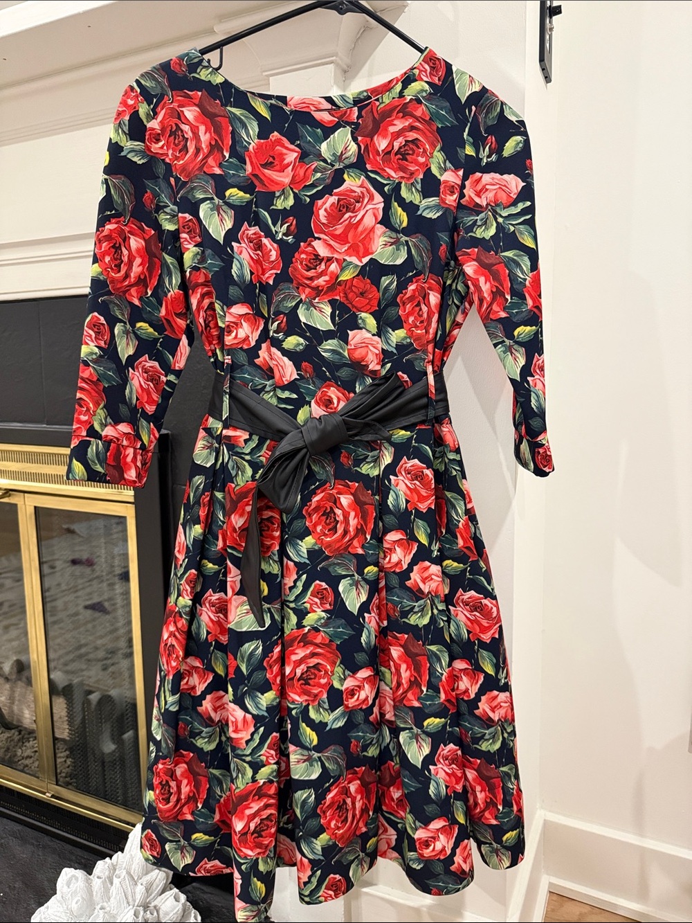 Source Unknown Black Dress with Red Rose Print and Green Leaves